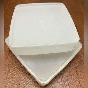 4 pieces/2 vintage sandwich keepers. Approximately 5.25” square. 2 lids 2 bases.